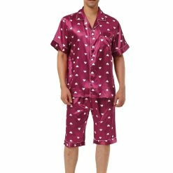 Allegra K Men's Satin Pajama Set Cute Heart Print Button Down Short Sleepwear Loungewear Pjs Sets