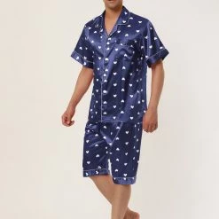 Allegra K Men's Satin Pajama Set Cute Heart Print Button Down Short Sleepwear Loungewear Pjs Sets