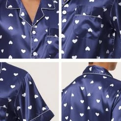 Allegra K Men's Satin Pajama Set Cute Heart Print Button Down Short Sleepwear Loungewear Pjs Sets