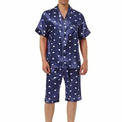 Allegra K Men's Satin Pajama Set Cute Heart Print Button Down Short Sleepwear Loungewear Pjs Sets