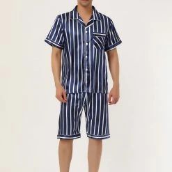 Allegra K Men's Stripe Pajamas Set Summer Short Sleeve Button Down Satin Sleepwear