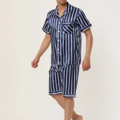 Allegra K Men's Stripe Pajamas Set Summer Short Sleeve Button Down Satin Sleepwear