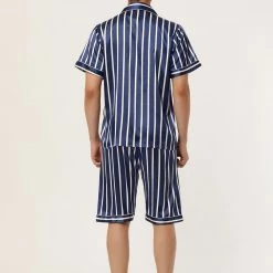 Allegra K Men's Stripe Pajamas Set Summer Short Sleeve Button Down Satin Sleepwear