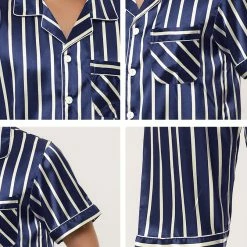 Allegra K Men's Stripe Pajamas Set Summer Short Sleeve Button Down Satin Sleepwear