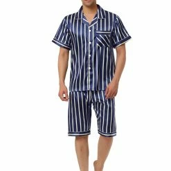 Allegra K Men's Stripe Pajamas Set Summer Short Sleeve Button Down Satin Sleepwear