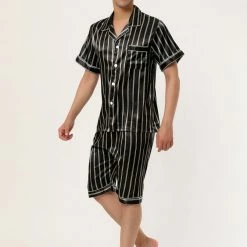 Allegra K Men's Stripe Pajamas Set Summer Short Sleeve Button Down Satin Sleepwear