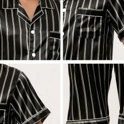 Allegra K Men's Stripe Pajamas Set Summer Short Sleeve Button Down Satin Sleepwear