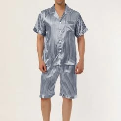Allegra K Men's Stripe Pajamas Set Summer Short Sleeve Button Down Satin Sleepwear