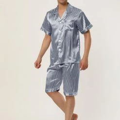 Allegra K Men's Stripe Pajamas Set Summer Short Sleeve Button Down Satin Sleepwear