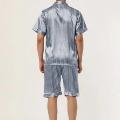 Allegra K Men's Stripe Pajamas Set Summer Short Sleeve Button Down Satin Sleepwear