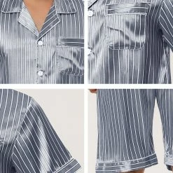 Allegra K Men's Stripe Pajamas Set Summer Short Sleeve Button Down Satin Sleepwear
