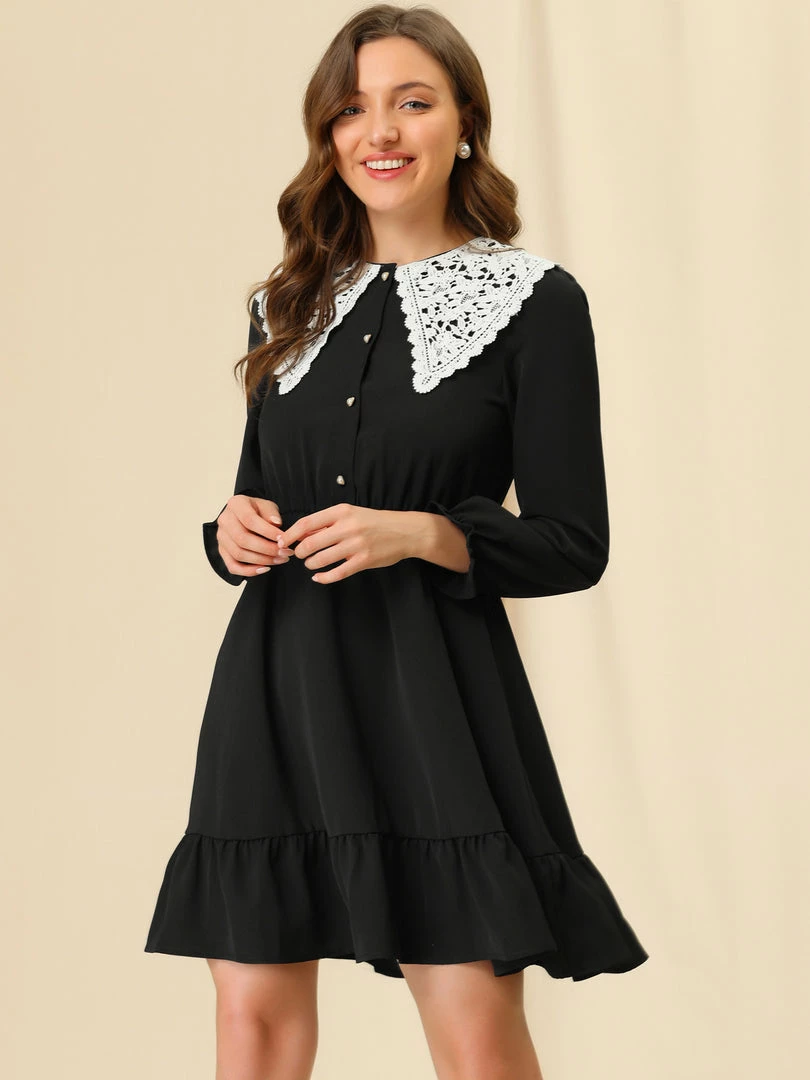 Allegra K Women's Vintage Ruffle Hem Dresses A-Line Lace Panel Peter Pan Collar Dress 5 Allegra K Women's Vintage Ruffle Hem Dresses A-Line Lace Panel Peter Pan Collar Dress