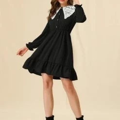 Allegra K Women's Vintage Ruffle Hem Dresses A-Line Lace Panel Peter Pan Collar Dress 12 Allegra K Women's Vintage Ruffle Hem Dresses A-Line Lace Panel Peter Pan Collar Dress