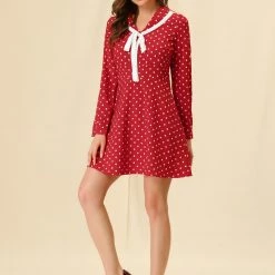Allegra K Women's Peter Pan Collar Contrast Tie Ribbon Long Sleeve Polka Dots Chiffon Mini Dress