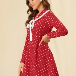 Allegra K Women's Peter Pan Collar Contrast Tie Ribbon Long Sleeve Polka Dots Chiffon Mini Dress