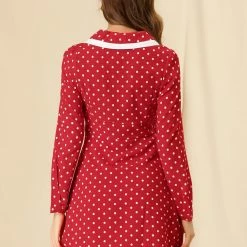 Allegra K Women's Peter Pan Collar Contrast Tie Ribbon Long Sleeve Polka Dots Chiffon Mini Dress