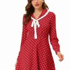 Allegra K Women's Peter Pan Collar Contrast Tie Ribbon Long Sleeve Polka Dots Chiffon Mini Dress