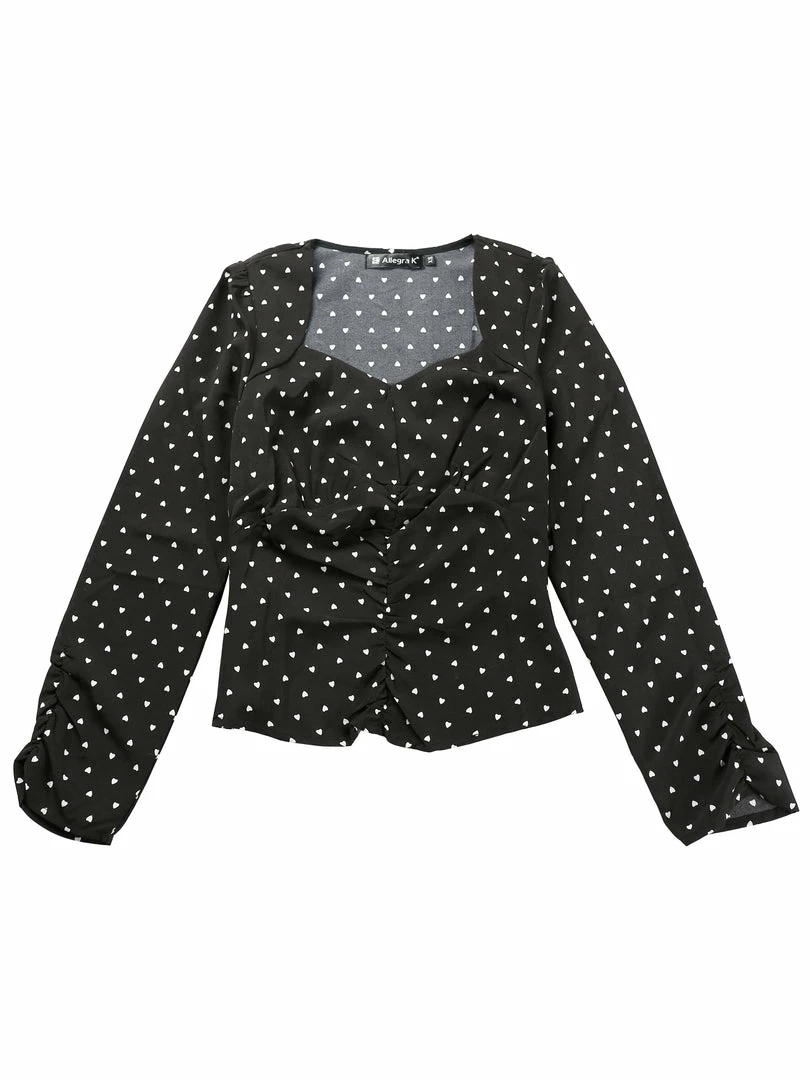Allegra K Women's Vintage Long Sleeve Sweetheart Neck Fitted Ruched Front Heart Print Blouse Tops 4 Allegra K Women's Vintage Long Sleeve Sweetheart Neck Fitted Ruched Front Heart Print Blouse Tops