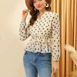 Allegra K Women's Floral Print Ruffle Split Neck Long Sleeves Chiffon Peplum Blouse