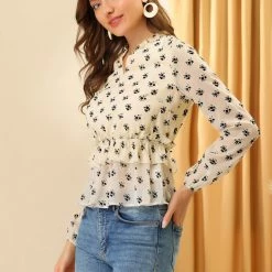 Allegra K Women's Floral Print Ruffle Split Neck Long Sleeves Chiffon Peplum Blouse