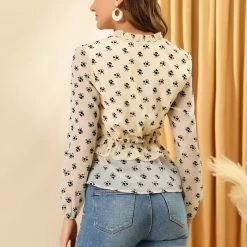 Allegra K Women's Floral Print Ruffle Split Neck Long Sleeves Chiffon Peplum Blouse