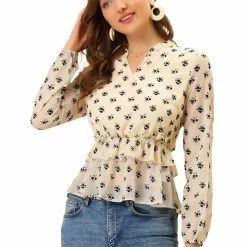 Allegra K Women's Floral Print Ruffle Split Neck Long Sleeves Chiffon Peplum Blouse
