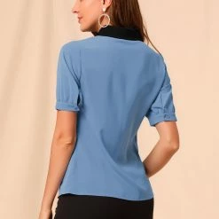 Allegra K Women's Contrast Collar Tie Ruffle Front Button Short Sleeve Work Shirt