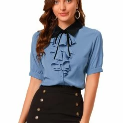 Allegra K Women's Contrast Collar Tie Ruffle Front Button Short Sleeve Work Shirt