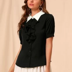 Allegra K Women's Contrast Collar Tie Ruffle Front Button Short Sleeve Work Shirt