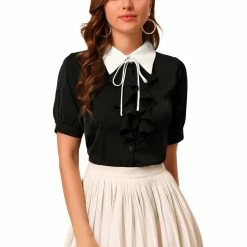 Allegra K Women's Contrast Collar Tie Ruffle Front Button Short Sleeve Work Shirt