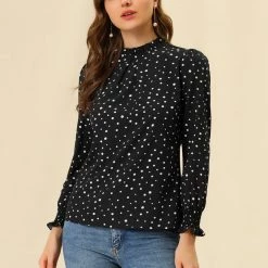 Allegra K Women's Ruffled Neck Smocked Long Sleeve Floral Printed Blouse Top