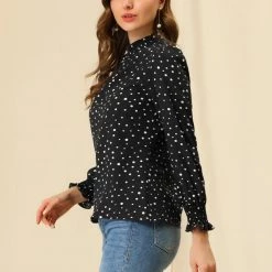 Allegra K Women's Ruffled Neck Smocked Long Sleeve Floral Printed Blouse Top