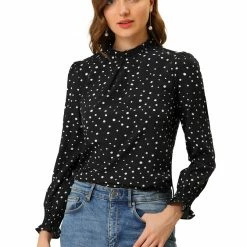 Allegra K Women's Ruffled Neck Smocked Long Sleeve Floral Printed Blouse Top