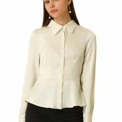 Allegra K Women's Satin Peplum Work Shirt Turn Down Collar Career Button Up Tops