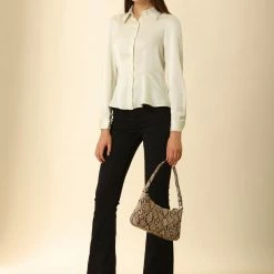 Allegra K Women's Satin Peplum Work Shirt Turn Down Collar Career Button Up Tops