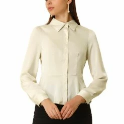 Allegra K Women's Satin Peplum Work Shirt Turn Down Collar Career Button Up Tops