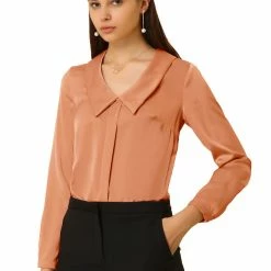 Allegra K Women's Satin Elegant Casual Long Sleeves Solid Peter Pan Collar Blouse