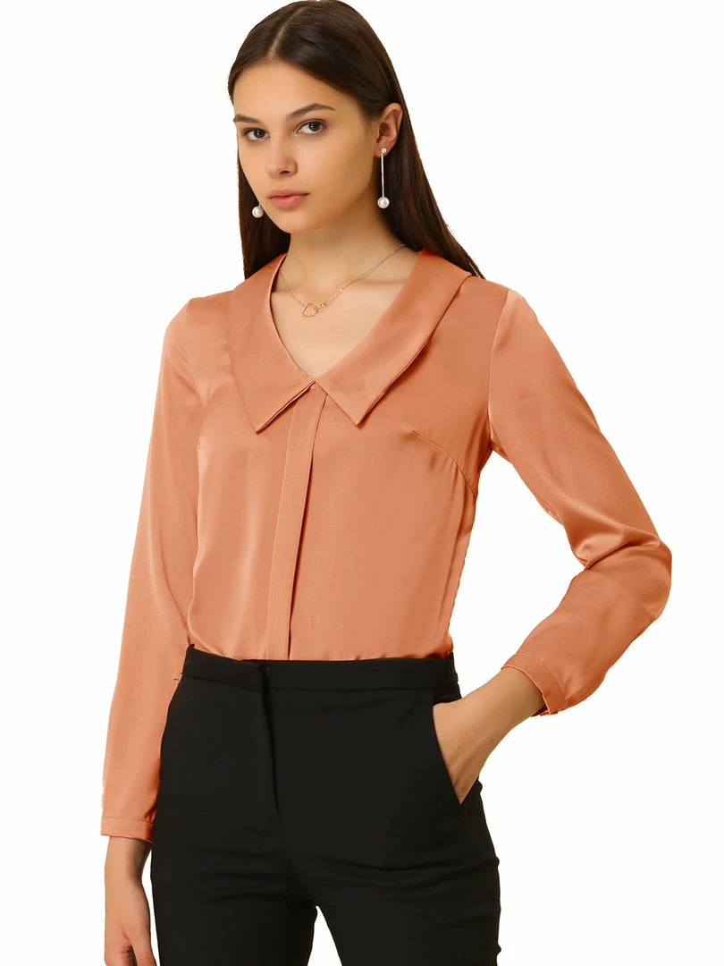 Allegra K Women's Satin Elegant Casual Long Sleeves Solid Peter Pan Collar Blouse 4 Allegra K Women's Satin Elegant Casual Long Sleeves Solid Peter Pan Collar Blouse