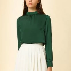 Allegra K Women's Satin Blouse Puff Sleeve Stand Collar Work Top