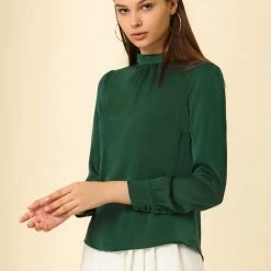 Allegra K Women's Satin Blouse Puff Sleeve Stand Collar Work Top