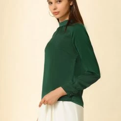 Allegra K Women's Satin Blouse Puff Sleeve Stand Collar Work Top