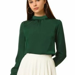 Allegra K Women's Satin Blouse Puff Sleeve Stand Collar Work Top