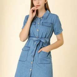 Allegra K Women's Jean Button Down Denim Belted Turndown Collar Shirtdress 48 Allegra K Women's Jean Button Down Denim Belted Turndown Collar Shirtdress