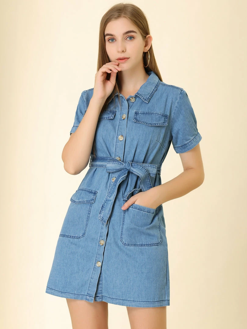 Allegra K Women's Jean Button Down Denim Belted Turndown Collar Shirtdress 24 Allegra K Women's Jean Button Down Denim Belted Turndown Collar Shirtdress
