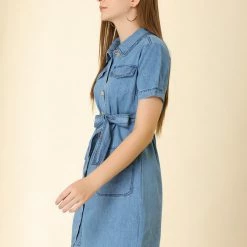 Allegra K Women's Jean Button Down Denim Belted Turndown Collar Shirtdress 49 Allegra K Women's Jean Button Down Denim Belted Turndown Collar Shirtdress