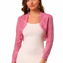 Allegra K Women's Crop Cardigan Scalloped Hem Floral Lace Sheer Shrug Top