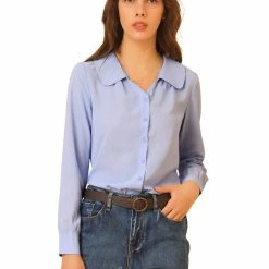 Allegra K Women's Peter Pan Collar Top Button Front Elegant Chiffon Work Shirt