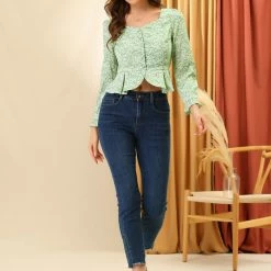 Allegra K Women's Casual Ditsy Floral Ruffle Long Sleeve Peplum Top 12 Allegra K Women's Casual Ditsy Floral Ruffle Long Sleeve Peplum Top