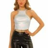 Allegra K Women's Holographic Party Sparkle Halter Neck Stretch Crop Tank Top