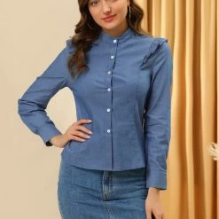 Allegra K Women's Denim Long Sleeve Standing Collar Ruffled Trim Shoulder Button Down Shirt